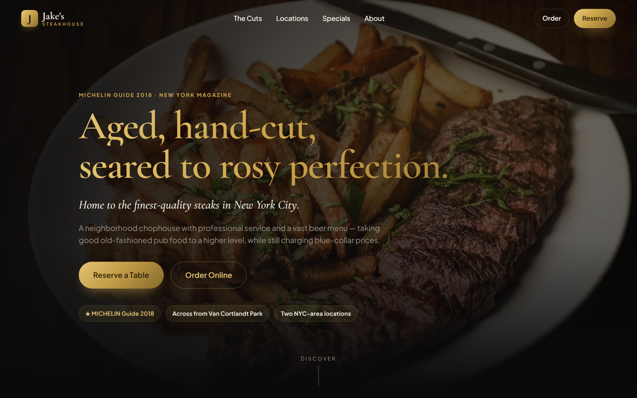 Jake's Steakhouse website — dark, gold, premium steak hero